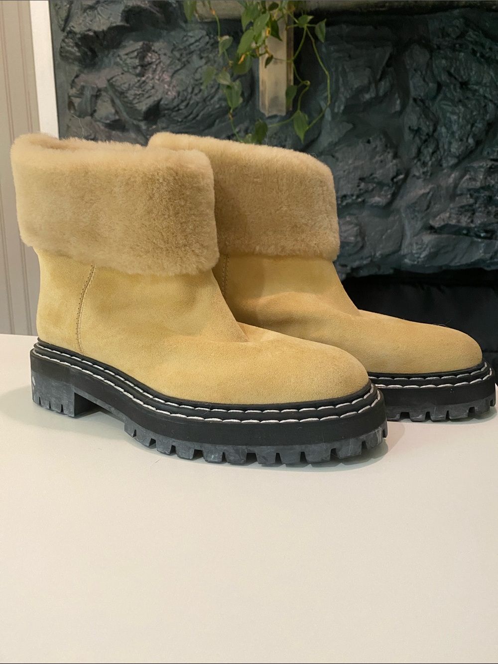 Proenza Schouler Tan Suede Shearling Cuff Lug Sole Ankle Boots